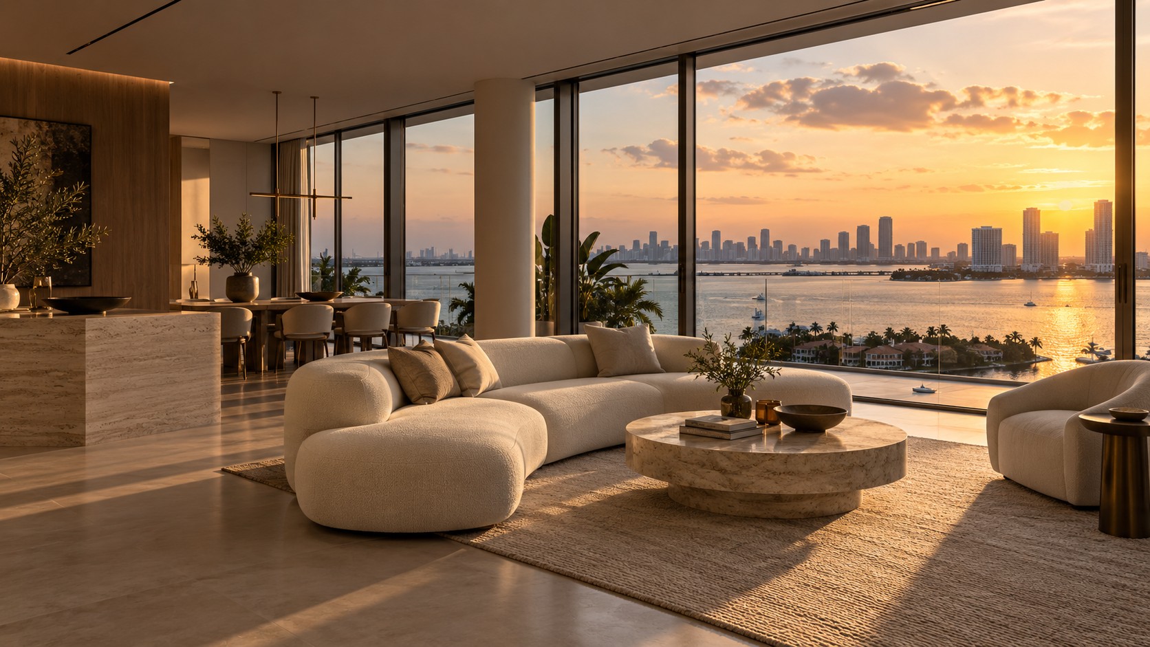 Modern Miami apartment living room at sunset with a waterfront skyline view
