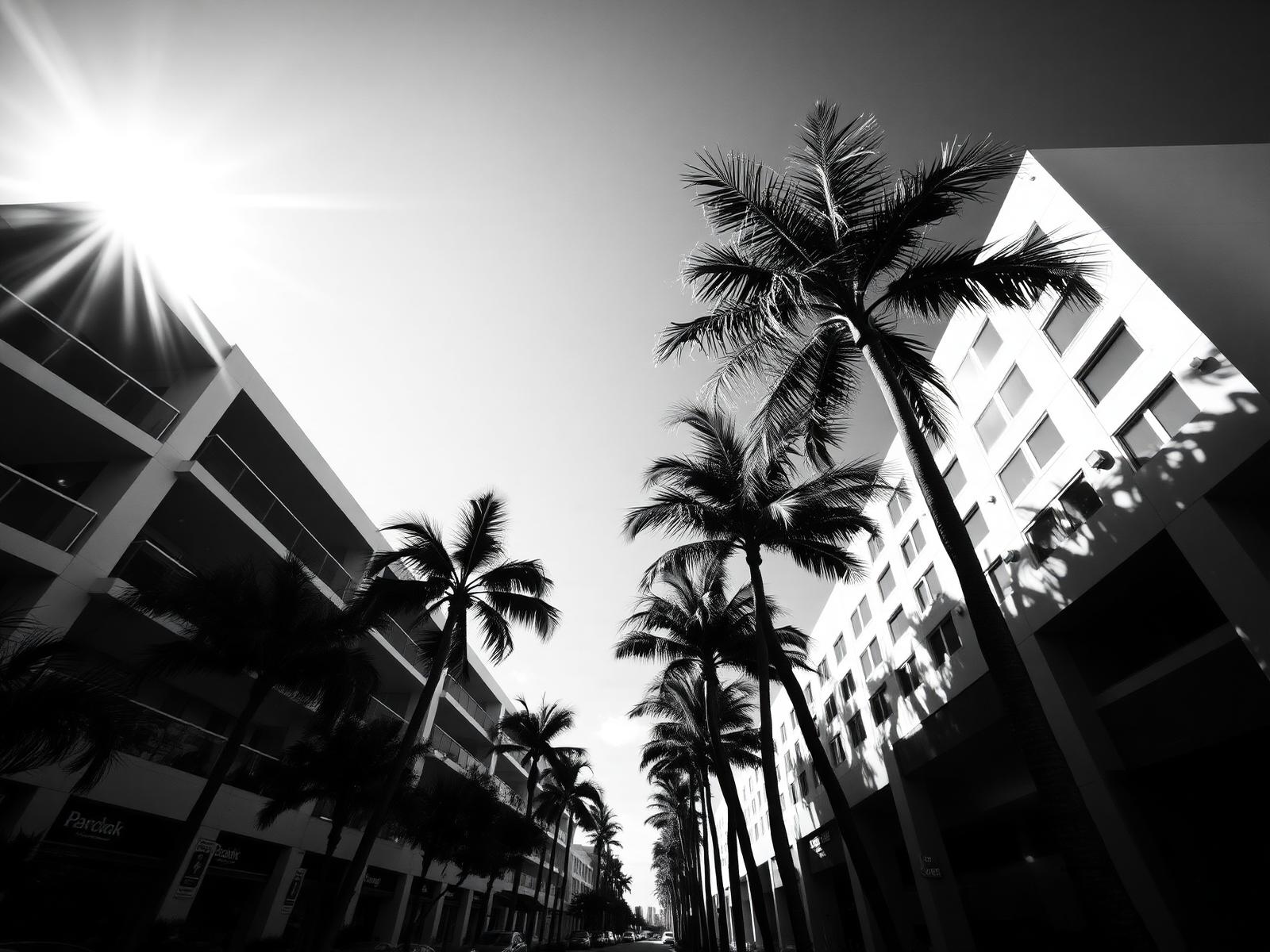 Wynwood, Miami street lined with palm trees and modern apartment buildings
